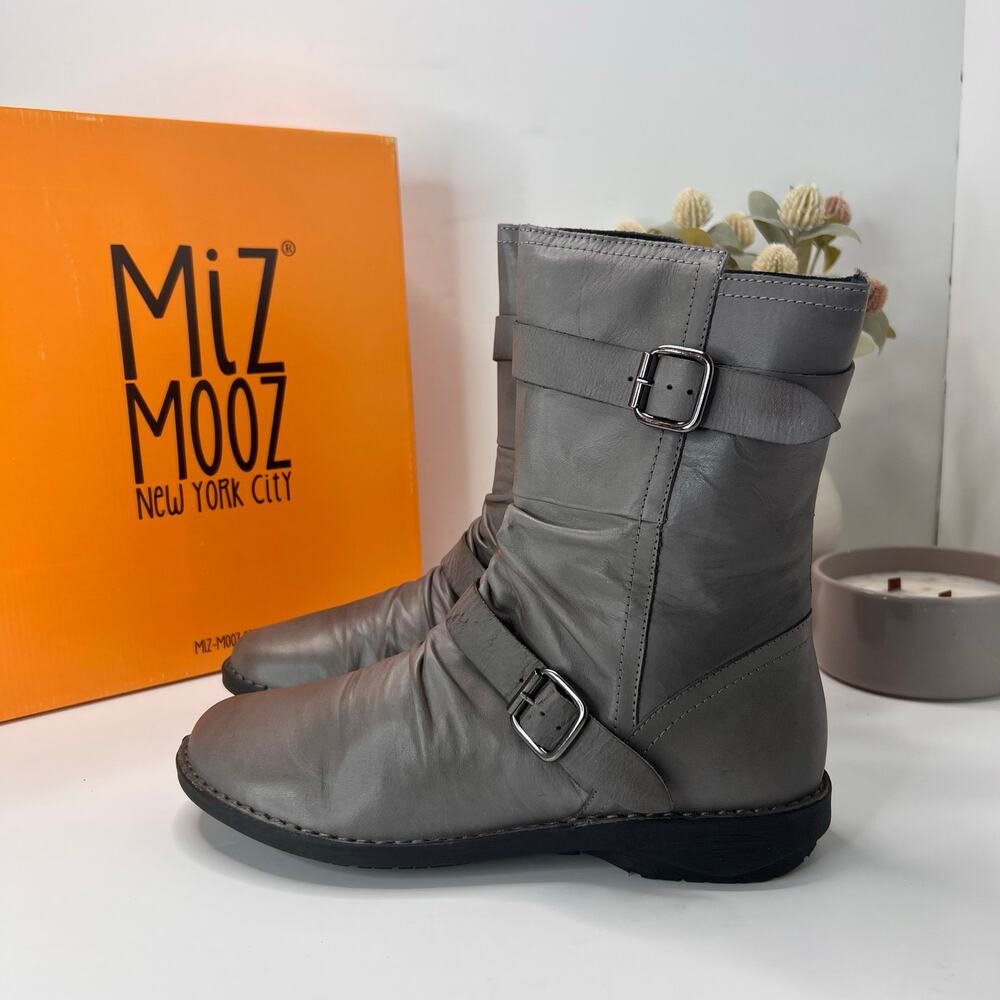 Miz Mooz Pasha Buttery Soft Leather Boot Ruched Zip Up Graphite Women 39/8.5 NWB